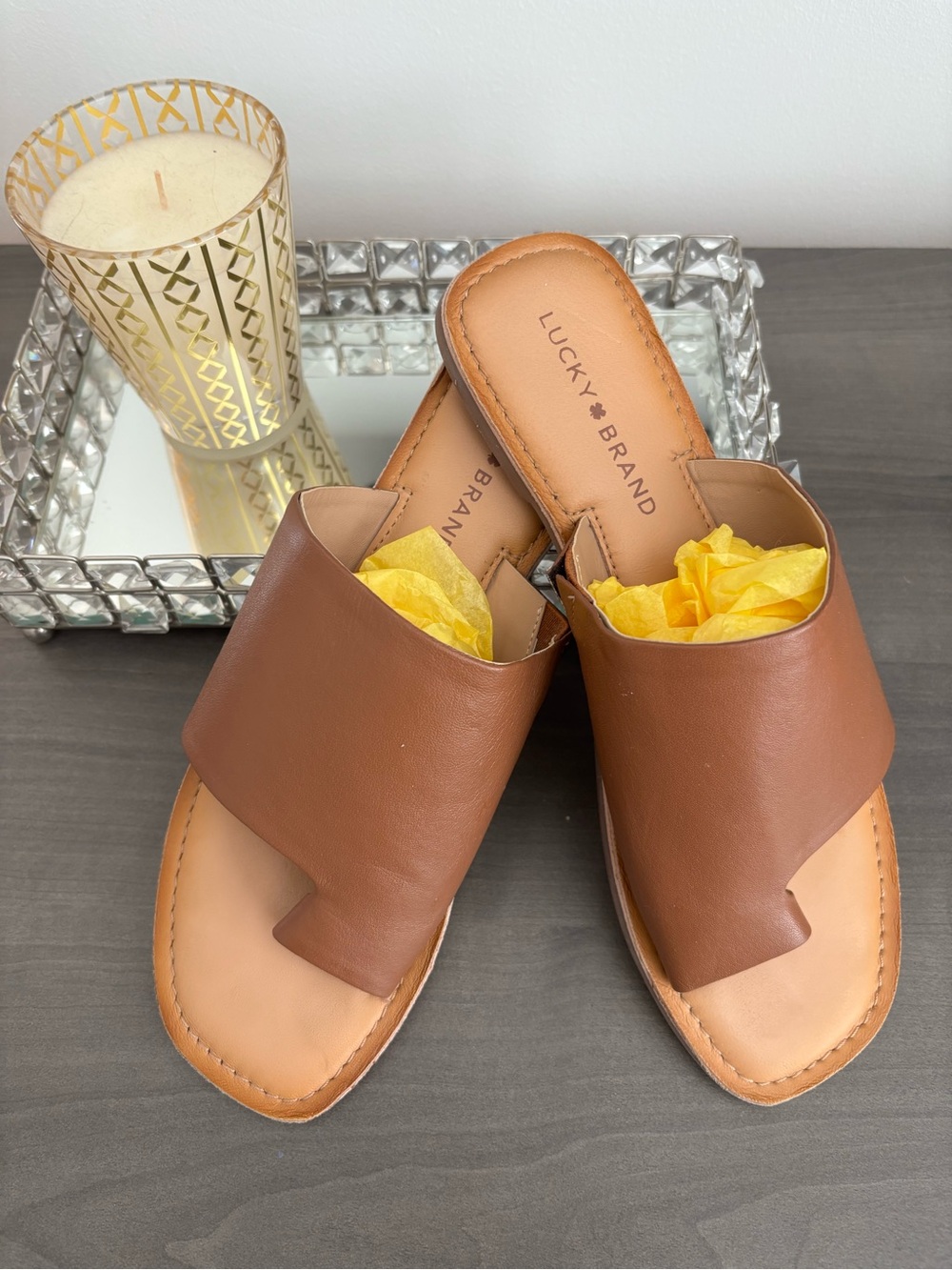 Lucky Brand Brown Leather Slide Sandals | Minimalist Flat Mules Size 8.5 - Picture 3 of 10